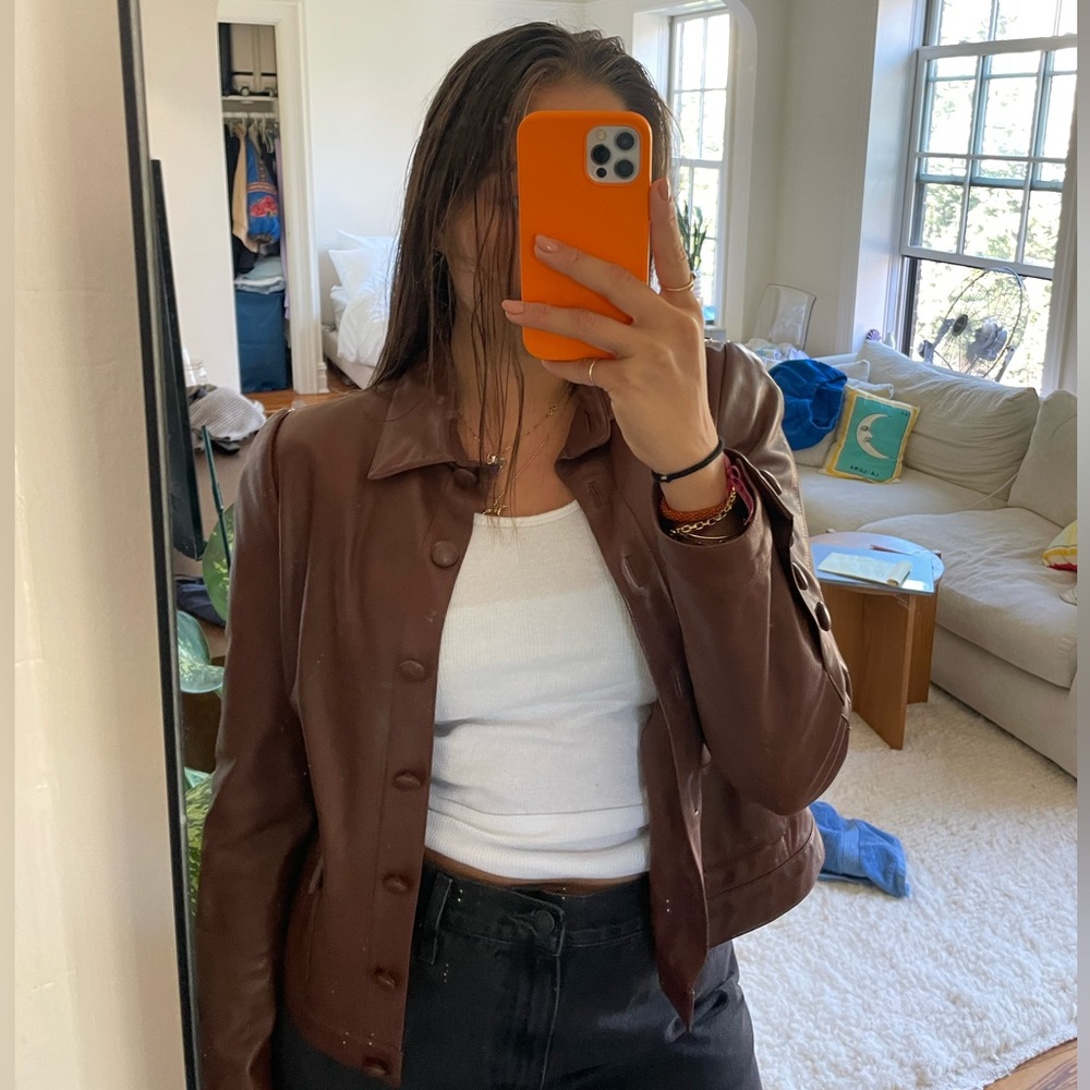 Oscar De La Renta 100% Leather + Silk Brown Jacket